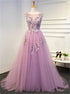 A line Pink Lace Appliques Scoop Tulle Prom Dresses LBQ0518